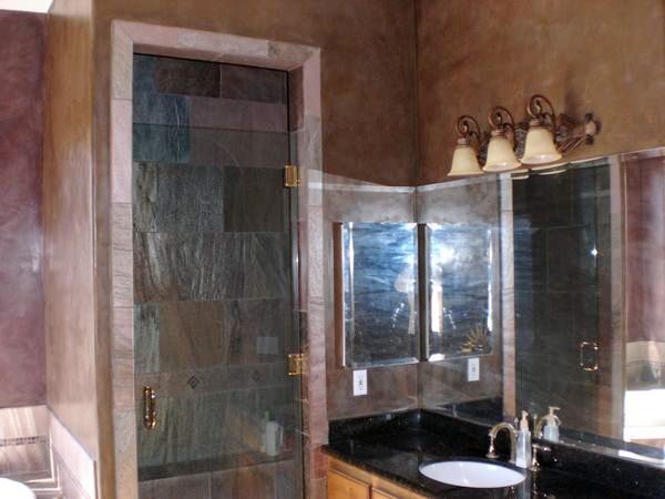 Slate and Venetian plaster, master bathroom